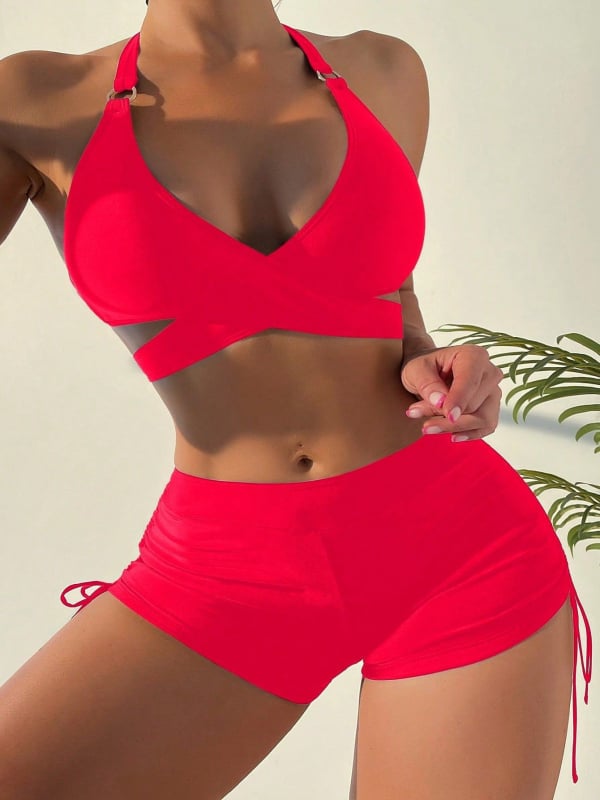 Ženski dvodijelni kupaći kostim s halter vrpcom oko vrata, jednobojan, konzervativan stil, donji dio bikini u boxer kroju