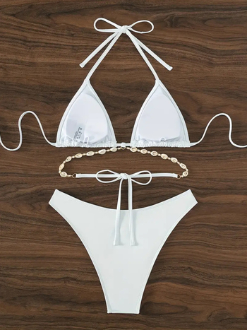 Kupaći bikini: halter, trokutasti gornji dio, bez leđa, visoka elastičnost, s jastučićem za prsima; poliester 82%, podstava 18% spandex.