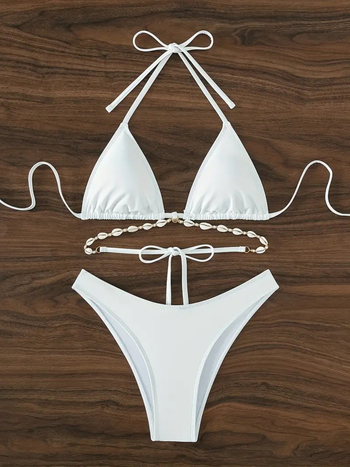Kupaći bikini: halter, trokutasti gornji dio, bez leđa, visoka elastičnost, s jastučićem za prsima; poliester 82%, podstava 18% spandex.
