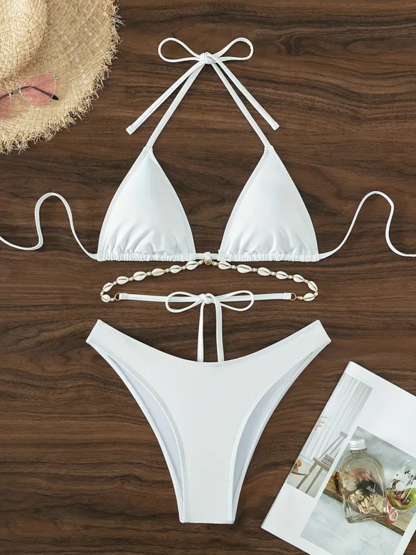 Kupaći bikini: halter, trokutasti gornji dio, bez leđa, visoka elastičnost, s jastučićem za prsima; poliester 82%, podstava 18% spandex.