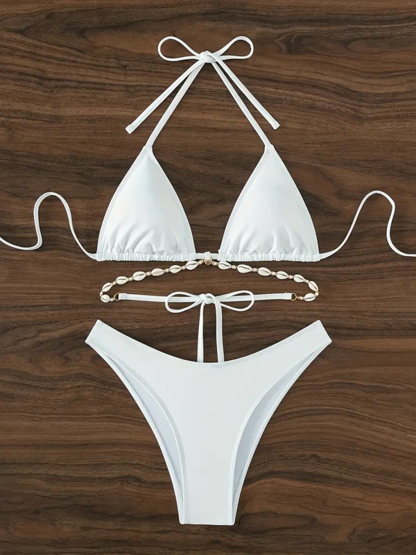 Kupaći bikini: halter, trokutasti gornji dio, bez leđa, visoka elastičnost, s jastučićem za prsima; poliester 82%, podstava 18% spandex.