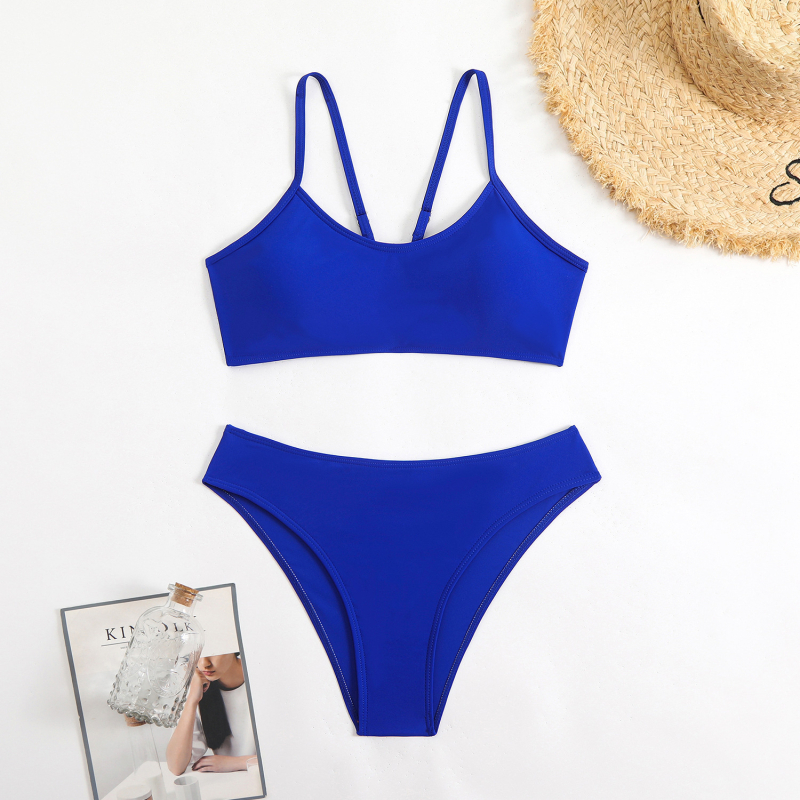 Ženski dvodijelni bikini s otvorenim leđima, jednofarbni dizajn, s podrškom za grudi bez metalne potpore; materijal: 80% najlon, 20% spandex; podstava: najlon s 20% spandex; težina 180 g; pogodno za plivanje.