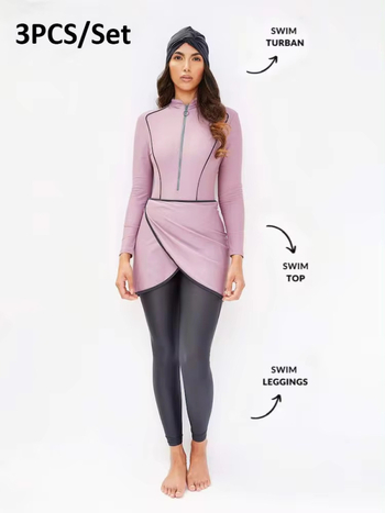 Motive Force Set de baie conservator din trei piese pentru femei – mâneci lungi, pantaloni lungi și pălărie; țesătură poliester-spandex (82% Spandex), 650 g/m2; pentru înot și apele puțin adânci