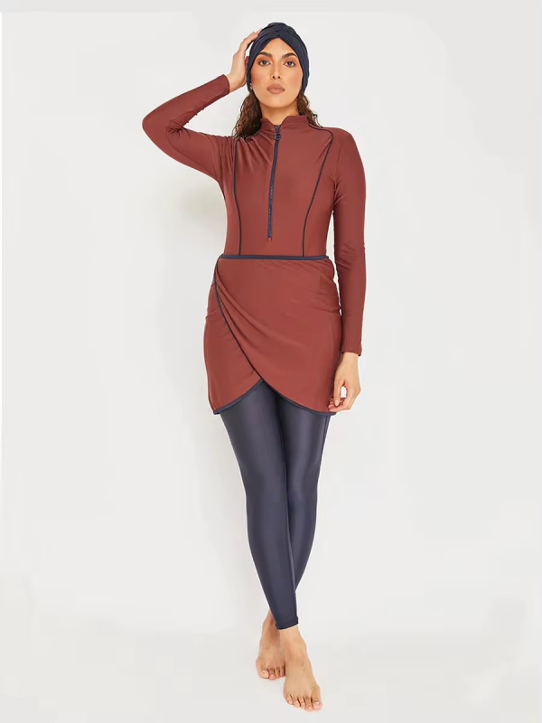 Motive Force Set de baie conservator din trei piese pentru femei – mâneci lungi, pantaloni lungi și pălărie; țesătură poliester-spandex (82% Spandex), 650 g/m2; pentru înot și apele puțin adânci