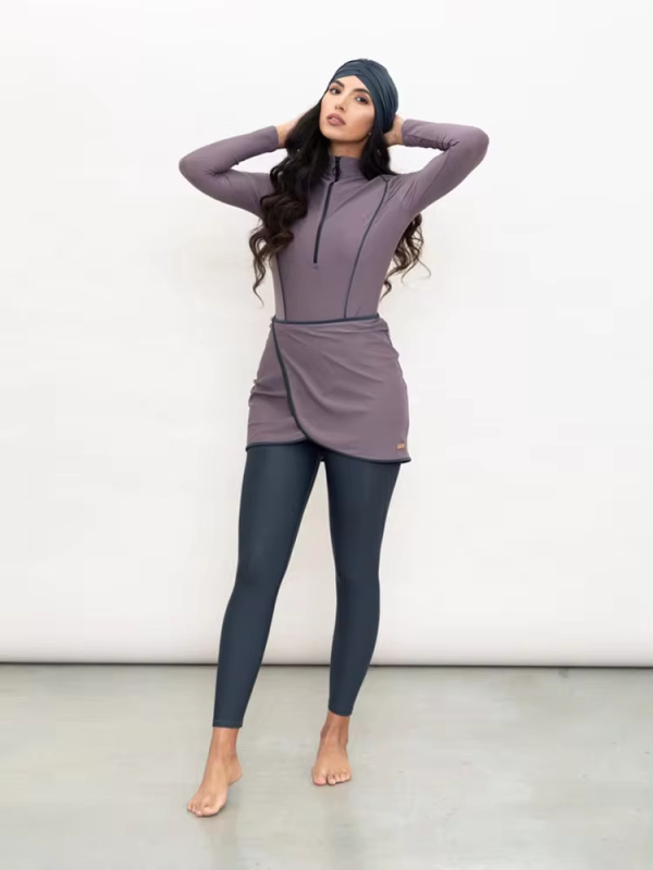 Motive Force Set de baie conservator din trei piese pentru femei – mâneci lungi, pantaloni lungi și pălărie; țesătură poliester-spandex (82% Spandex), 650 g/m2; pentru înot și apele puțin adânci