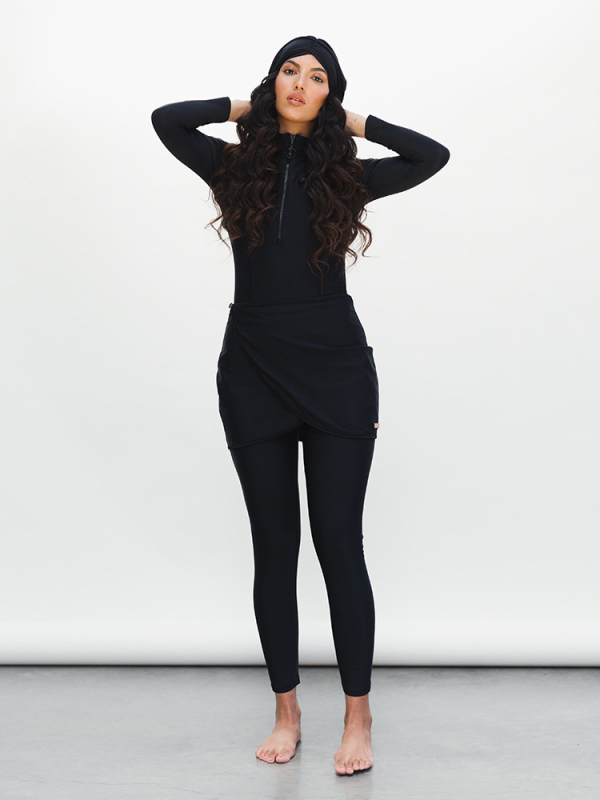 Motive Force Set de baie conservator din trei piese pentru femei – mâneci lungi, pantaloni lungi și pălărie; țesătură poliester-spandex (82% Spandex), 650 g/m2; pentru înot și apele puțin adânci