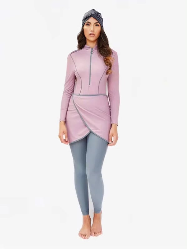 Motive Force Set de baie conservator din trei piese pentru femei – mâneci lungi, pantaloni lungi și pălărie; țesătură poliester-spandex (82% Spandex), 650 g/m2; pentru înot și apele puțin adânci