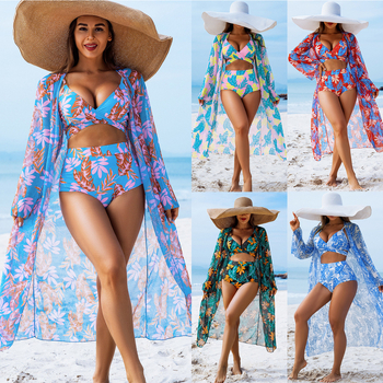 Costum de baie trei piese pentru femei, imprimeu, cu bureți la bust, elasticitate ridicată, material poliester