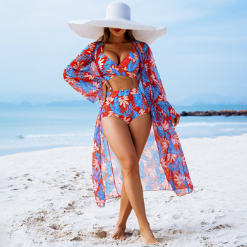 Costum de baie trei piese pentru femei, imprimeu, cu bureți la bust, elasticitate ridicată, material poliester