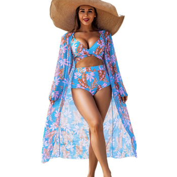 Costum de baie trei piese pentru femei, imprimeu, cu bureți la bust, elasticitate ridicată, material poliester