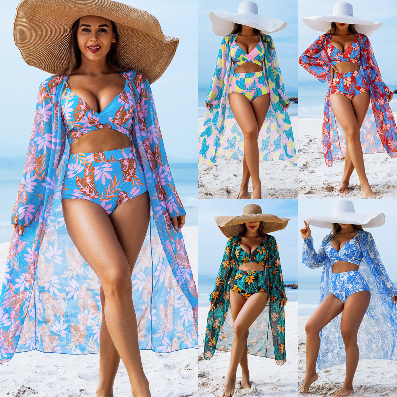 Costum de baie trei piese pentru femei, imprimeu, cu bureți la bust, elasticitate ridicată, material poliester