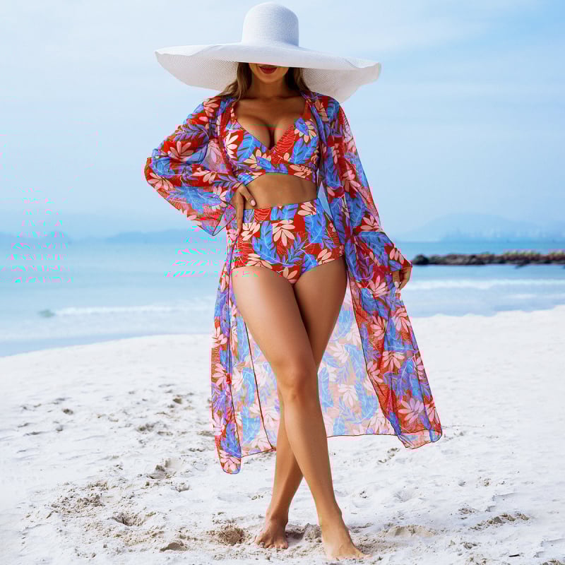 Costum de baie trei piese pentru femei, imprimeu, cu bureți la bust, elasticitate ridicată, material poliester