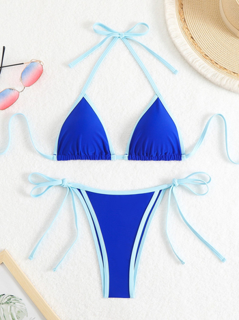 Ženski najlon bikini s razdvojenim trokutastim gornjim dijelom i vezicama, uložena podrška za dojke, brzo se suši, bez leđa, visoka elastičnost