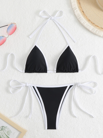 Ženski najlon bikini s razdvojenim trokutastim gornjim dijelom i vezicama, uložena podrška za dojke, brzo se suši, bez leđa, visoka elastičnost