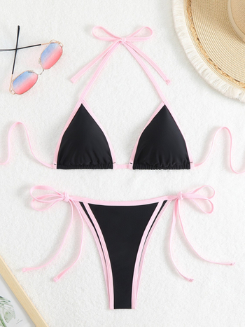 Ženski najlon bikini s razdvojenim trokutastim gornjim dijelom i vezicama, uložena podrška za dojke, brzo se suši, bez leđa, visoka elastičnost