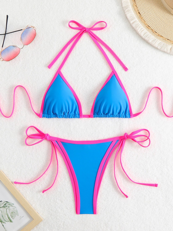 Ženski najlon bikini s razdvojenim trokutastim gornjim dijelom i vezicama, uložena podrška za dojke, brzo se suši, bez leđa, visoka elastičnost