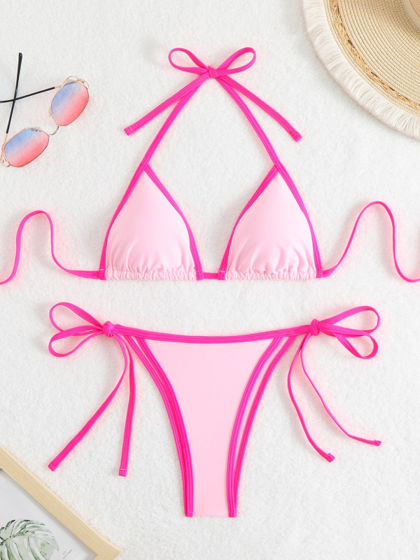 Ženski najlon bikini s razdvojenim trokutastim gornjim dijelom i vezicama, uložena podrška za dojke, brzo se suši, bez leđa, visoka elastičnost