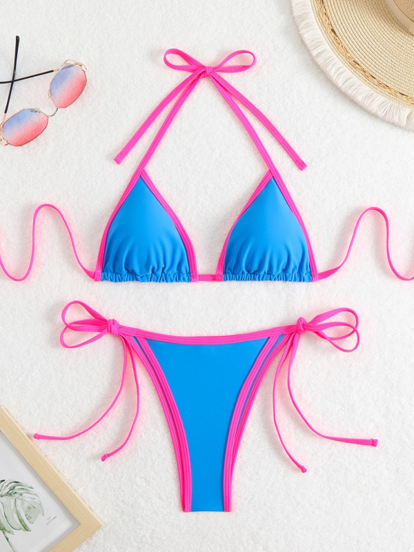 Ženski najlon bikini s razdvojenim trokutastim gornjim dijelom i vezicama, uložena podrška za dojke, brzo se suši, bez leđa, visoka elastičnost