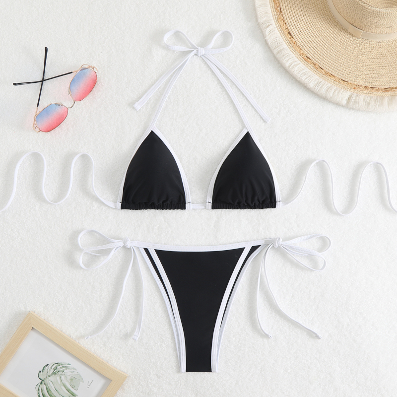 Ženski najlon bikini s razdvojenim trokutastim gornjim dijelom i vezicama, uložena podrška za dojke, brzo se suši, bez leđa, visoka elastičnost