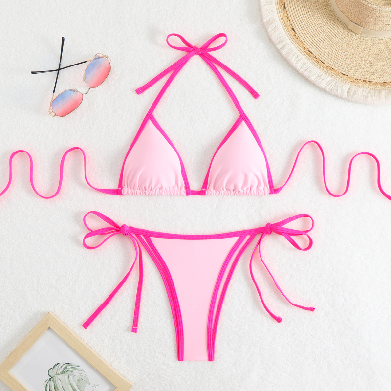 Ženski najlon bikini s razdvojenim trokutastim gornjim dijelom i vezicama, uložena podrška za dojke, brzo se suši, bez leđa, visoka elastičnost
