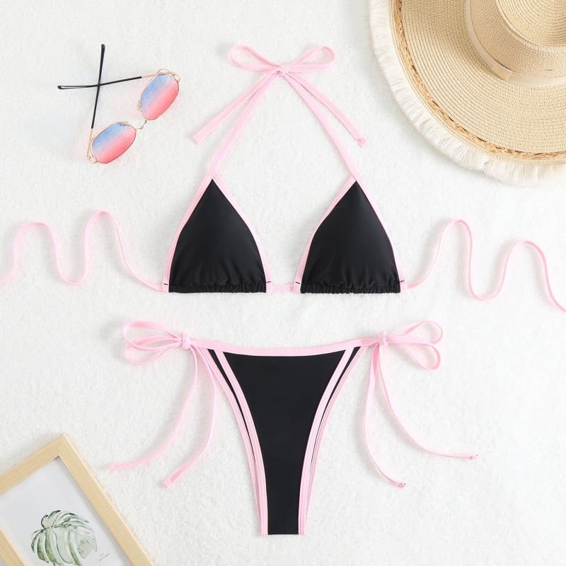 Ženski najlon bikini s razdvojenim trokutastim gornjim dijelom i vezicama, uložena podrška za dojke, brzo se suši, bez leđa, visoka elastičnost