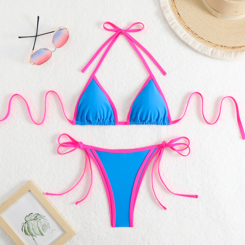 Ženski najlon bikini s razdvojenim trokutastim gornjim dijelom i vezicama, uložena podrška za dojke, brzo se suši, bez leđa, visoka elastičnost
