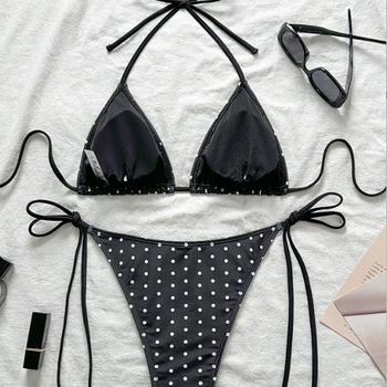 Ženski dvodijelni bikini s vezicama na vrhu, retro točkasti uzorak, jastučići za prsa, poliester s podstavom od spandeksa