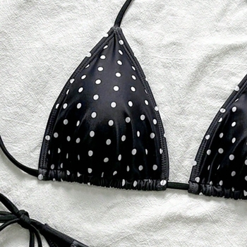 Ženski dvodijelni bikini s vezicama na vrhu, retro točkasti uzorak, jastučići za prsa, poliester s podstavom od spandeksa
