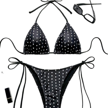 Ženski dvodijelni bikini s vezicama na vrhu, retro točkasti uzorak, jastučići za prsa, poliester s podstavom od spandeksa