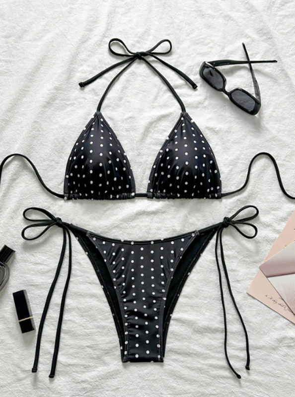 Ženski dvodijelni bikini s vezicama na vrhu, retro točkasti uzorak, jastučići za prsa, poliester s podstavom od spandeksa