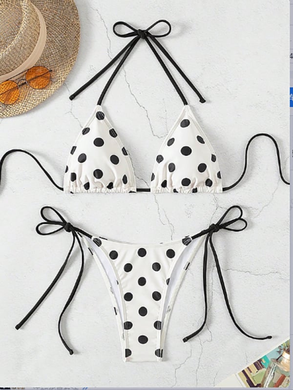Ženski dvodijelni bikini s vezicama na vrhu, retro točkasti uzorak, jastučići za prsa, poliester s podstavom od spandeksa
