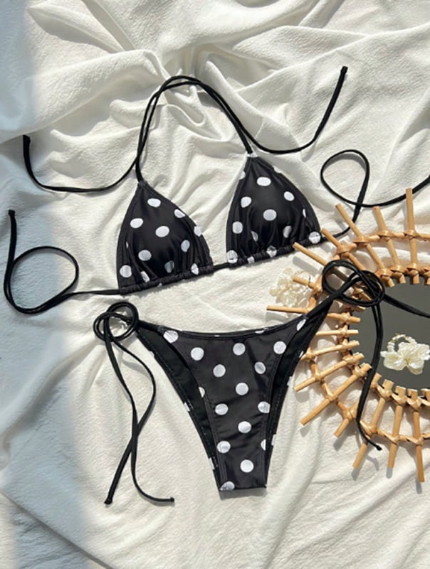 Ženski dvodijelni bikini s vezicama na vrhu, retro točkasti uzorak, jastučići za prsa, poliester s podstavom od spandeksa
