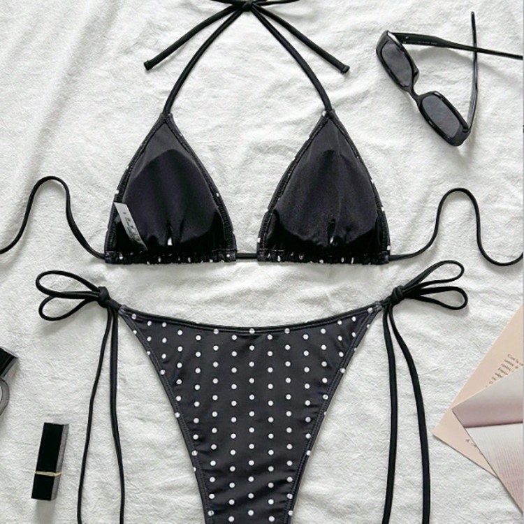 Ženski dvodijelni bikini s vezicama na vrhu, retro točkasti uzorak, jastučići za prsa, poliester s podstavom od spandeksa