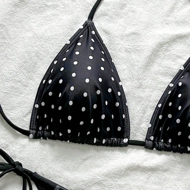Ženski dvodijelni bikini s vezicama na vrhu, retro točkasti uzorak, jastučići za prsa, poliester s podstavom od spandeksa