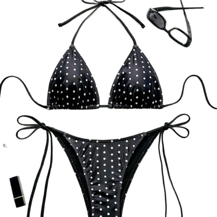Ženski dvodijelni bikini s vezicama na vrhu, retro točkasti uzorak, jastučići za prsa, poliester s podstavom od spandeksa