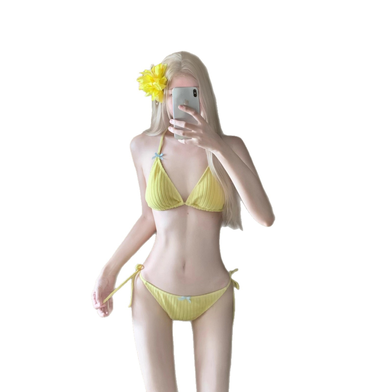 Ženski dvodijelni bikini s vezanjem, bijelo-žuti, za male grudi, pogodan za spa odmor