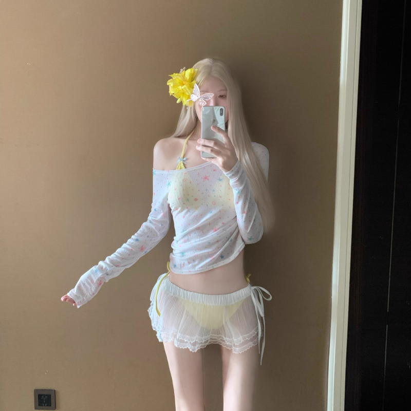 Ženski dvodijelni bikini s vezanjem, bijelo-žuti, za male grudi, pogodan za spa odmor