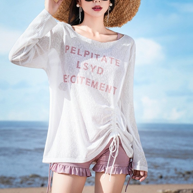 Costum de baie feminin din trei piese, separat, cu pernute pentru bust și acoperitoare cu mâneci lungi, din poliester