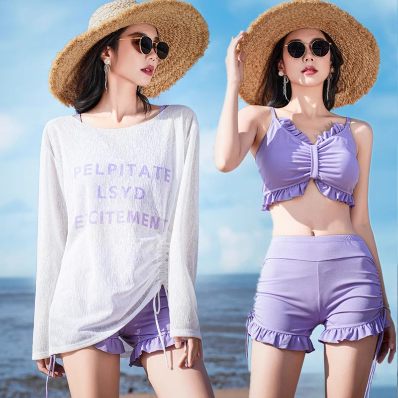 Costum de baie feminin din trei piese, separat, cu pernute pentru bust și acoperitoare cu mâneci lungi, din poliester