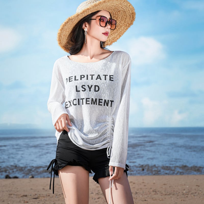 Costum de baie feminin din trei piese, separat, cu pernute pentru bust și acoperitoare cu mâneci lungi, din poliester