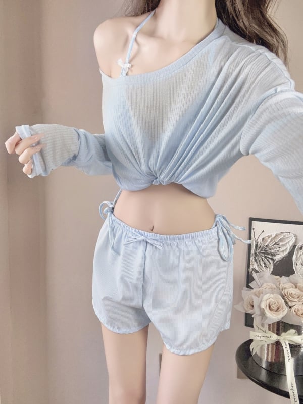 Set de baie din patru piese pentru femei: costum de baie în stil coreean Pure Lust cu cover-up, top căptușit push-up, culoare solidă, poliester cu căptușeală nylon-elastan