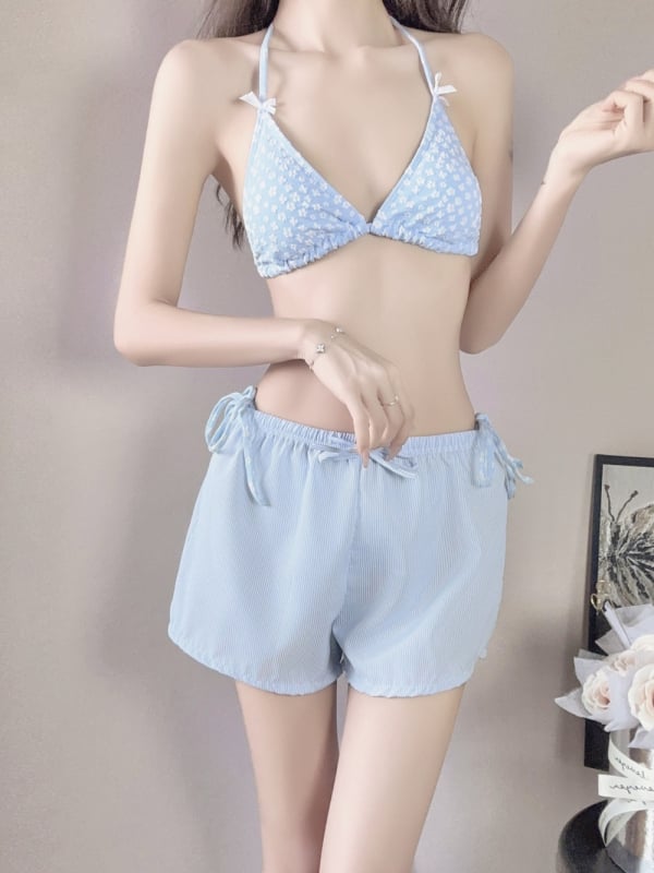 Set de baie din patru piese pentru femei: costum de baie în stil coreean Pure Lust cu cover-up, top căptușit push-up, culoare solidă, poliester cu căptușeală nylon-elastan