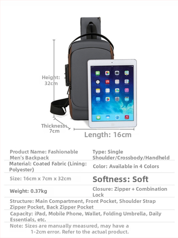 Férfi mellkas táska — PU, városi minimalist stílus, lélegző, vízálló, ultrakönnyű, betűs minta, polietilén bélés