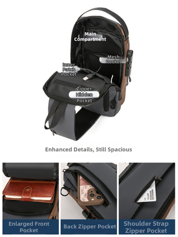 Férfi mellkas táska — PU, városi minimalist stílus, lélegző, vízálló, ultrakönnyű, betűs minta, polietilén bélés