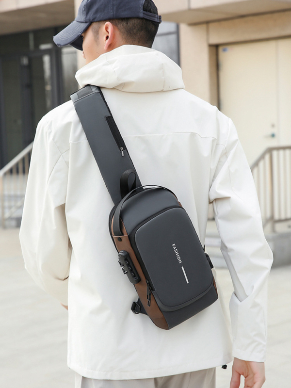 Ανδρική τσάντα στήθους — PU, αστικός μινιμαλισμός, διαπνοή, αδιάβροχη, υπερ-ελαφριά, μοτίβο με γράμματα, επένδυση πολυεστέρα