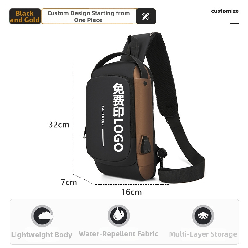 Férfi mellkas táska — PU, városi minimalist stílus, lélegző, vízálló, ultrakönnyű, betűs minta, polietilén bélés