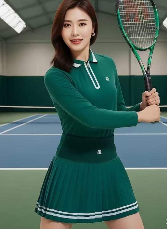 Γυναικείο σετ γκολφ με φούστα – μακρυμάνικη πόλο με γιακά, κορεατικού στυλ, μονόχρωμο σχέδιο, 80% σπάντεξ, επένδυση ακρυλικού ινώδους