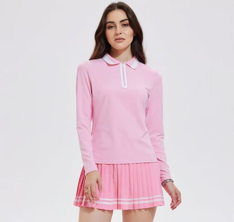 Γυναικείο σετ γκολφ με φούστα – μακρυμάνικη πόλο με γιακά, κορεατικού στυλ, μονόχρωμο σχέδιο, 80% σπάντεξ, επένδυση ακρυλικού ινώδους