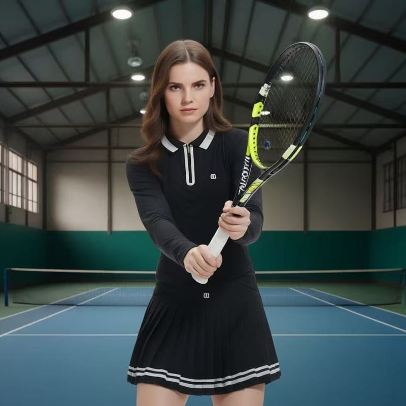 Γυναικείο σετ γκολφ με φούστα – μακρυμάνικη πόλο με γιακά, κορεατικού στυλ, μονόχρωμο σχέδιο, 80% σπάντεξ, επένδυση ακρυλικού ινώδους