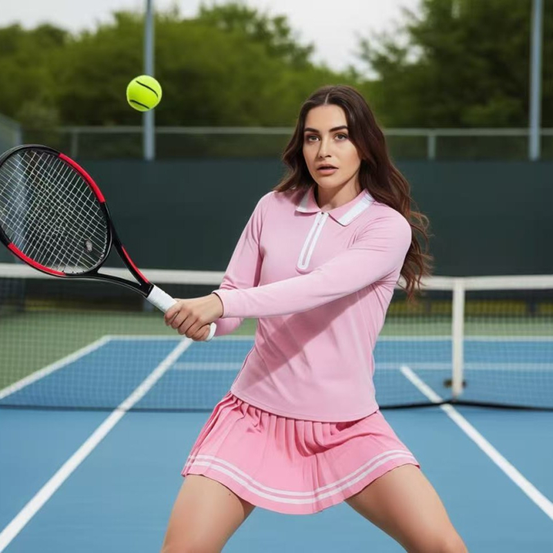 Γυναικείο σετ γκολφ με φούστα – μακρυμάνικη πόλο με γιακά, κορεατικού στυλ, μονόχρωμο σχέδιο, 80% σπάντεξ, επένδυση ακρυλικού ινώδους